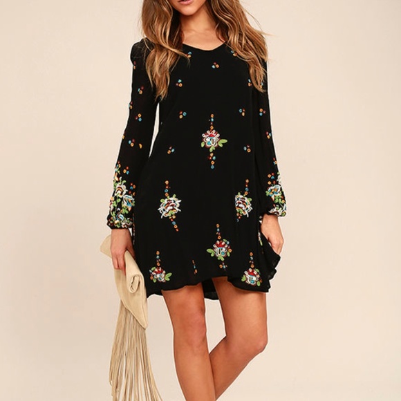 Free People Dresses & Skirts - FREE PEOPLE OXFORD BLACK EMBROIDERED SWING DRESS